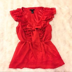 H&M Ruffle Lace Bow Tie Sleeveless Peplum Blouse